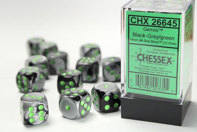 Gemini Black-Grey/green (16mm D6 Dice Set)