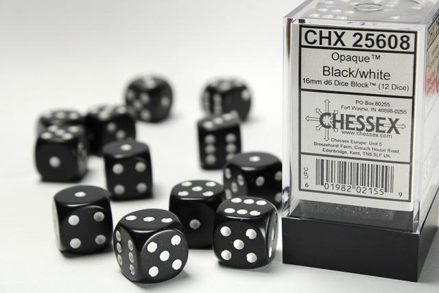 Opaque Black/White (16mm D6 Dice Set)