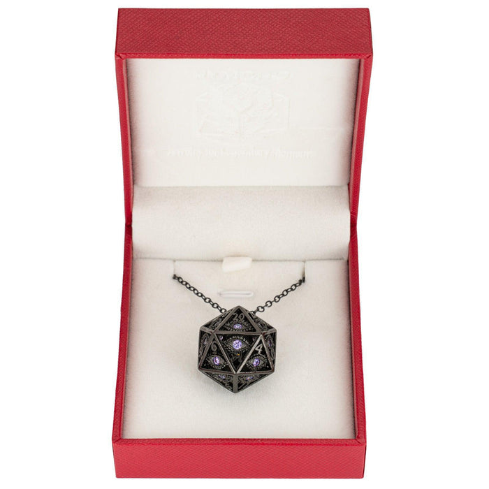 Dragon's Eye D20 Necklace Gunmetal w/Purple Gems