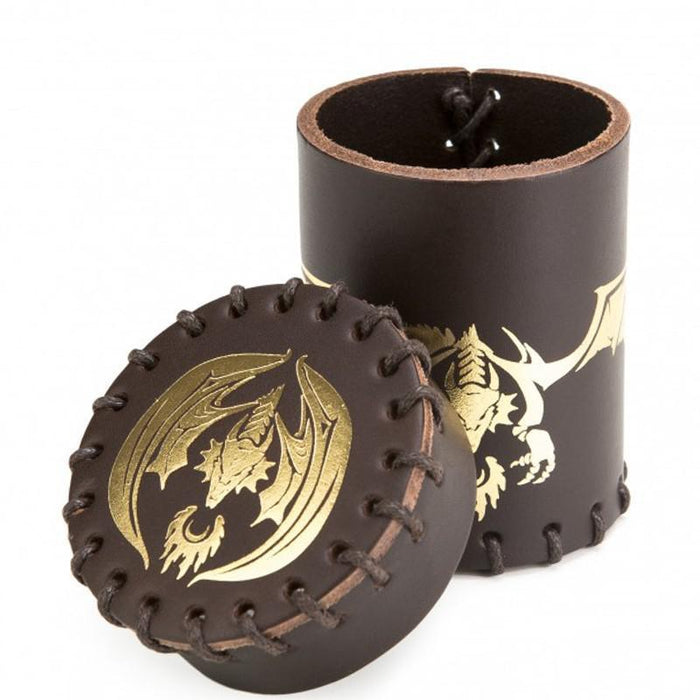 Dice Cup: Flying Dragon Brown/Golden Leather