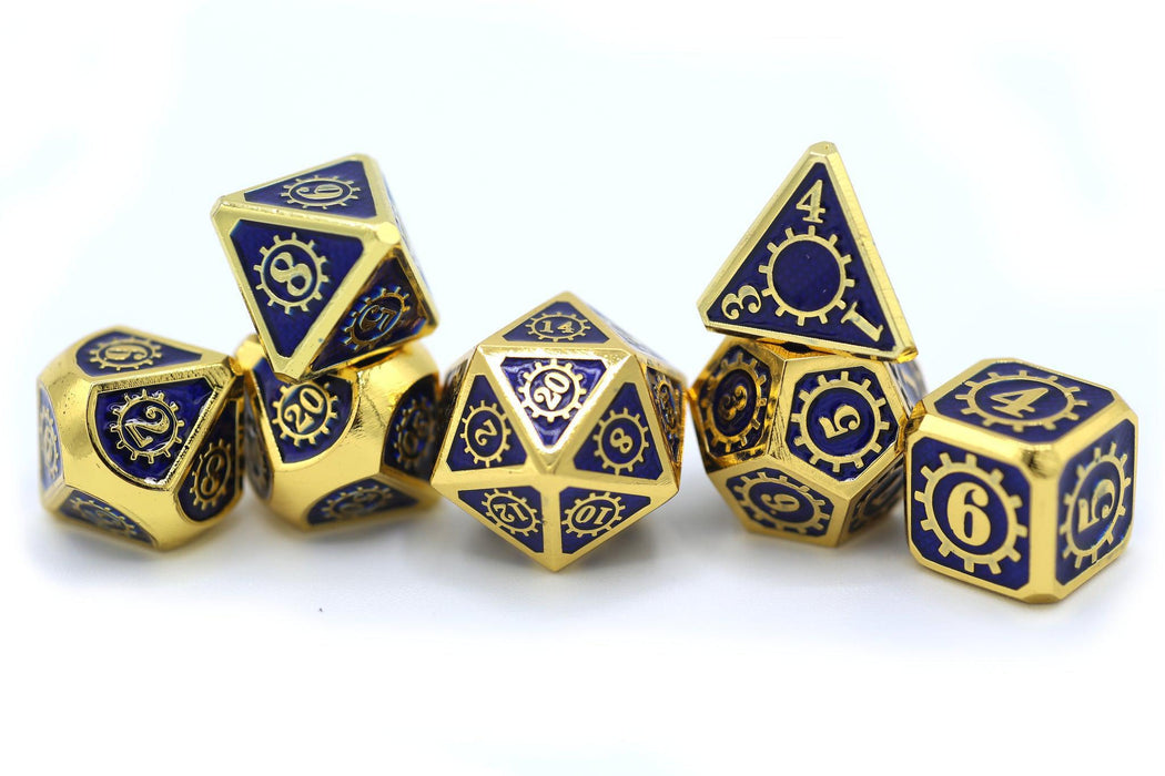Gold with Royal Blue Gears of Providence (Metal RPG Dice Set)